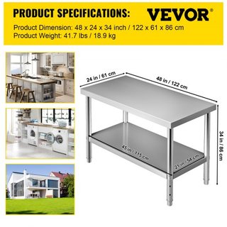 Mesa de Preparación de Acero Inoxidable, 48 x 24 x 34 Pulgadas, Capacidad de Carga de 550lbs Mesa de Trabajo de Metal de Alta Resistencia con Estante Inferior Ajustable, Estación de Trabajo Comerc...
