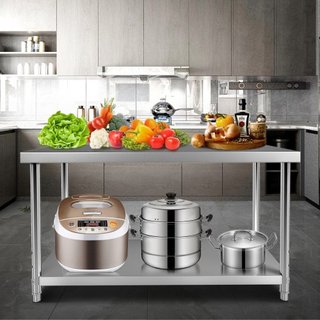 Mesa de Preparación de Acero Inoxidable, 48 x 24 x 34 Pulgadas, Capacidad de Carga de 550lbs Mesa de Trabajo de Metal de Alta Resistencia con Estante Inferior Ajustable, Estación de Trabajo Comerc...