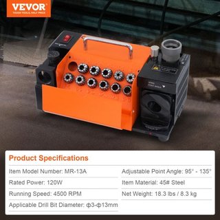 Afilador de Brocas, Afilador de Brocas MR-13A 3-13mm, Afilador de Brocas Ajustable de Ángulo de Punta de 95° a 135°, Máquina de Afilado Portátil con 11 Colet, Rueda CBN y SDC