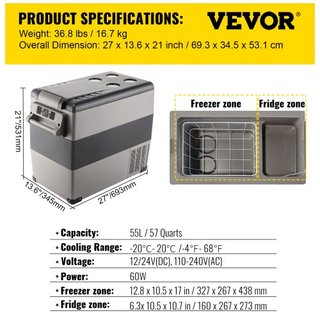 Frigorifero da Auto 55L Compressore Mini Congelatore Portatile per Auto, Veicoli, Camion, RV, Barche - Mini Raffreddatore Elettrico per Guida, Viaggi, Pesca, Uso Domestico ed Esterno