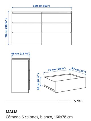 Cómoda MALM  Ikea 6 cajones Roble 160x78 cm