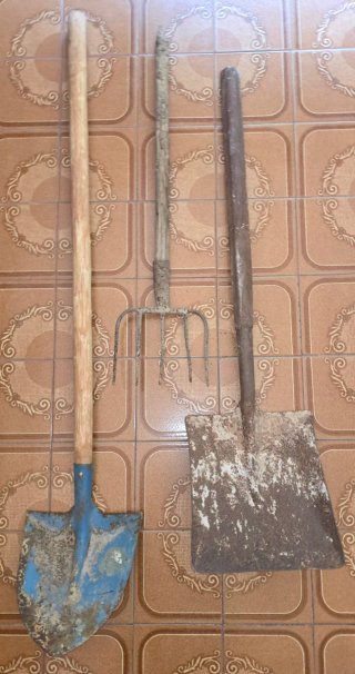Lote 2 palas de obra, horca, cribas, legón y pico.