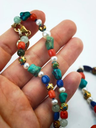 Collana corallo, turchese, perle, avventurina