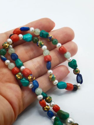 Collana corallo, turchese, perle, avventurina