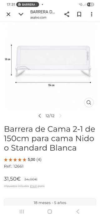 Barrera de Cama Asalvo 150cm Blanca
