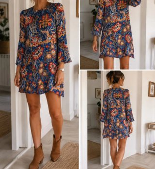 Vestido estampado floral azul y rojo