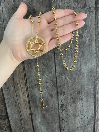 Rosario Estrella de David y Cruz acero bañado oro