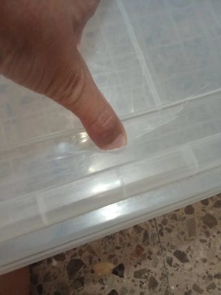 Caja de plástico de almacenaje con tapa y ruedas.