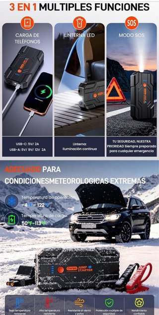 Arrancador Bateria Coche 14.8V-8000A Jump Starter