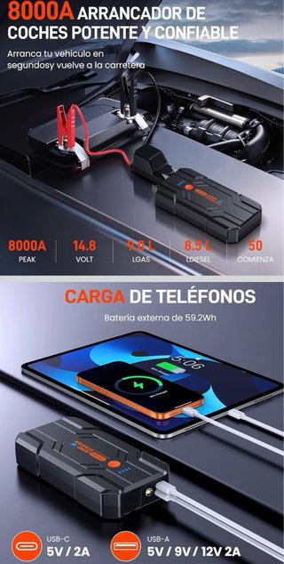 Arrancador Bateria Coche 14.8V-8000A Jump Starter