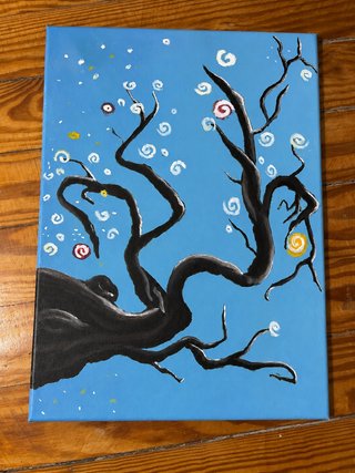 Cuadro abstracto árbol negro cielo azul