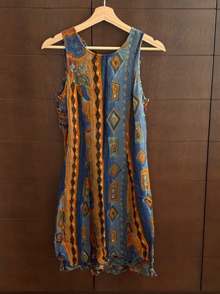 Vestido corto hippie azul y naranja, talla M