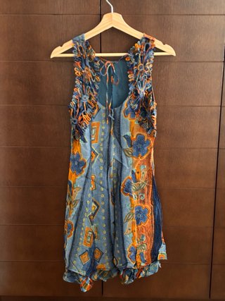 Vestido corto hippie azul y naranja, talla M