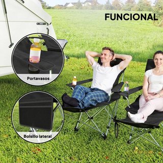 2 Sillas Camping Reposapiés Portavasos Bolsa Negra