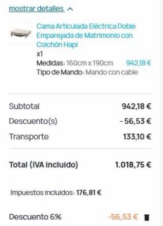 Cama articulada eléctrica SIN ESTRENAR (160x190)