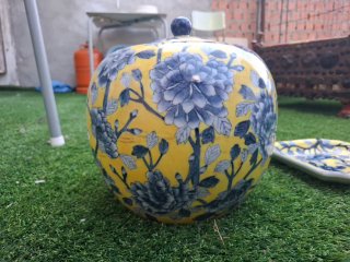 Juego Porcelana Azul y Amarillo Pintado a Mano