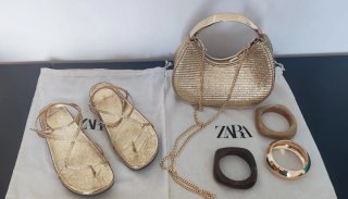 Lote Zara: Sandalias, y Bolso Dorado