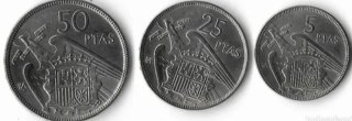 Serie completa 50, 25, 5 Pesetas Franco 1957