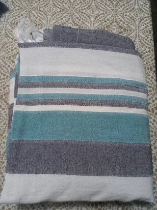 Funda sofá/cama tela rayas gris, turquesa, blanco
