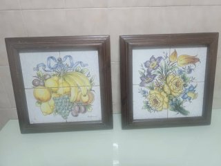 2 Cuadros Azulejos Antiguos Frutas y Flores