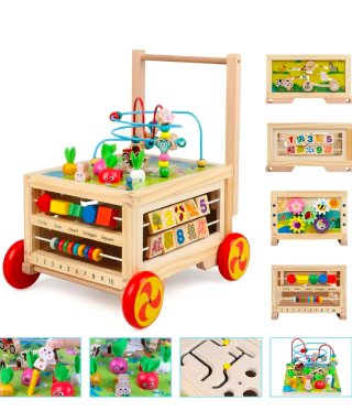Cubo de actividades de madera con ruedas