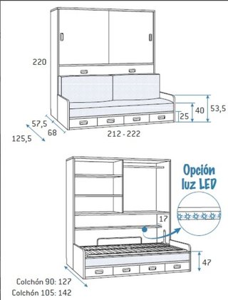 CAMA abatible con SOFÁ 90×190 y ARMARIO superior