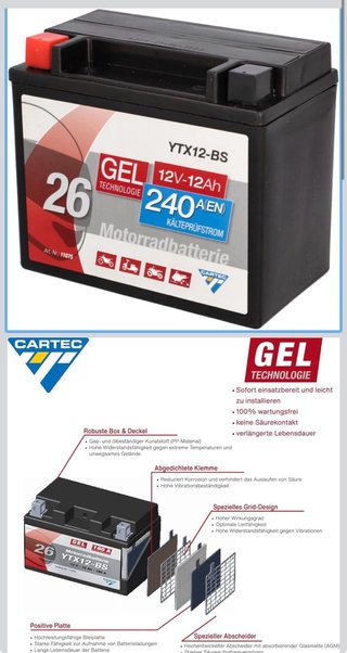 Batería Moto CARTEC YTX12-BS Gel 10Ah 180A