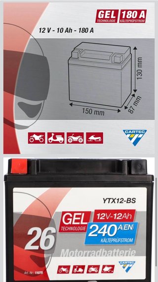 Batería Moto CARTEC YTX12-BS Gel 10Ah 180A