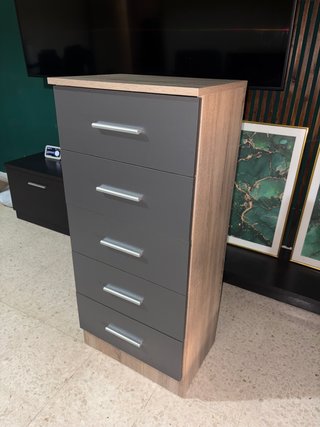 Cómoda 5 cajones madera beige y gris