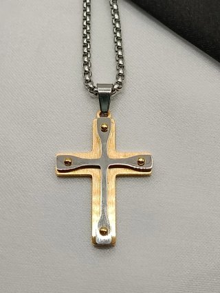 Collar Cruz Acero Inoxidable Bicolor