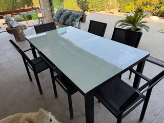 Mesa y 6 Sillas Jardín Cristal y Metal