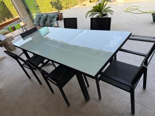 Mesa y 6 Sillas Jardín Cristal y Metal