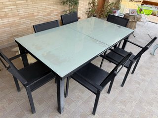 Mesa y 6 Sillas Jardín Cristal y Metal