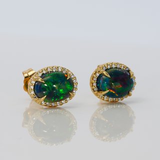 Pendientes Oro 14k Ópalo Negro y Diamantes