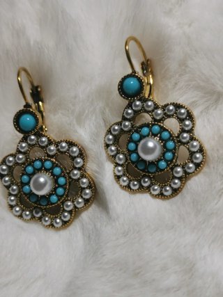 Pendientes Vintage Flor Turquesa Perla Dorados