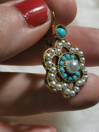 Pendientes Vintage Flor Turquesa Perla Dorados