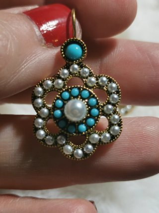 Pendientes Vintage Flor Turquesa Perla Dorados