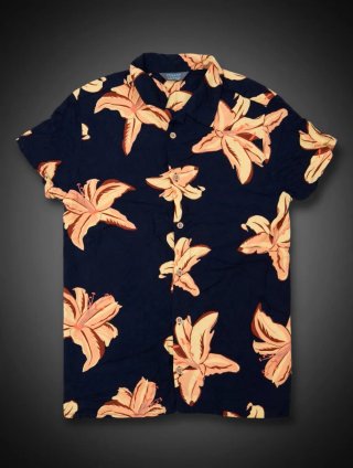 Camisa Hawaiana Azul Marino Estampado Flores