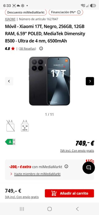 Xiaomi 17T Negro 256GB 12GB RAM