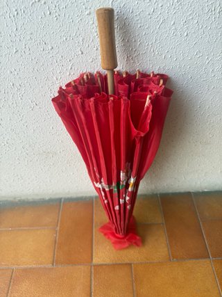 Paraguas japonés rojo con flores y libélulas