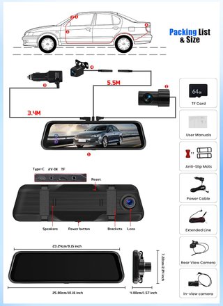 CAMECHO Dash Cam 9.66'' 2K Triple Cámara WiFi