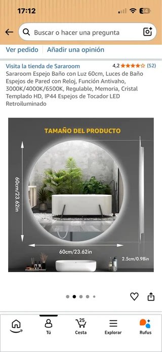 Espejo Baño Redondo LED 60cm Sararoom
