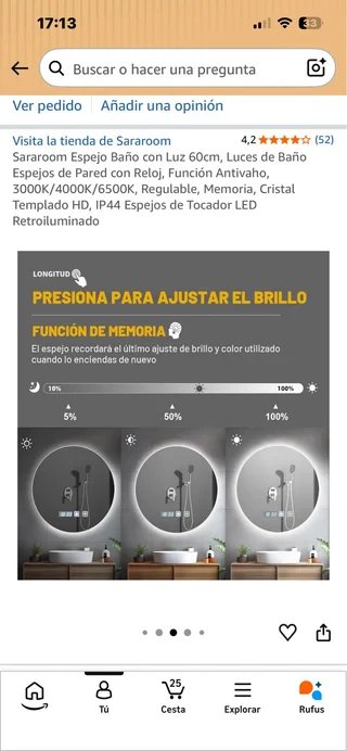 Espejo Baño Redondo LED 60cm Sararoom