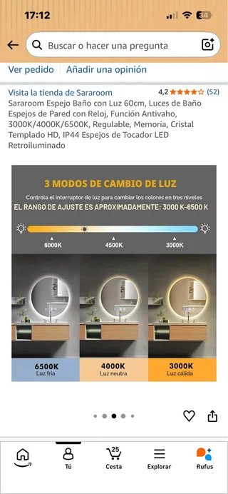 Espejo Baño Redondo LED 60cm Sararoom