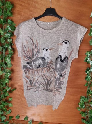 Top/Tshirt Smanicato Lino Fantasy con Perle Nere