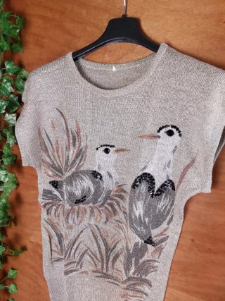 Top/Tshirt Smanicato Lino Fantasy con Perle Nere