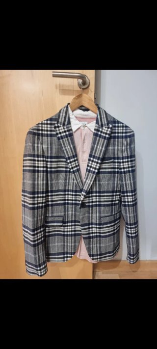 Blazer Cuadros Zara Azul y Gris Talla 48
