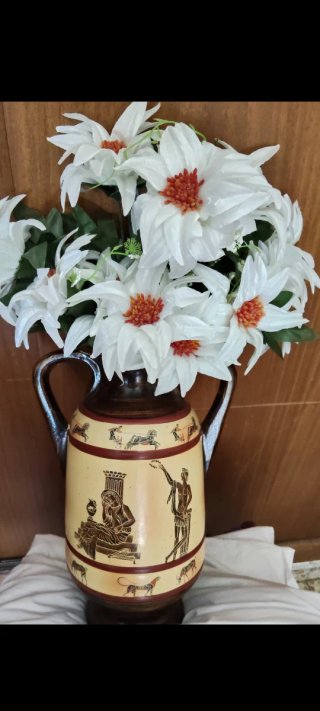 Jarrón Cerámica Beige y Marrón con Flores