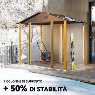 Caseta De Jardín 4.07M² De Acero Galvanizado Con Orificios De Drenaje Y Ventilación, Cobertizo Para Herramientas Con Techo Inclinado, Doble Puertas Correderas Bloqueables, Diseño Efecto Madera, Marrón