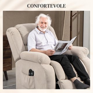 Sillón Eléctrico Elevador Reclinable 150°, Sillón Relax Eléctrico en Tela para Ancianos Con 8 Puntos de Masaje, Calefacción, Puerto USB, Mandos a Distancia, Reposapiés, Bolsillos Laterales, Beige